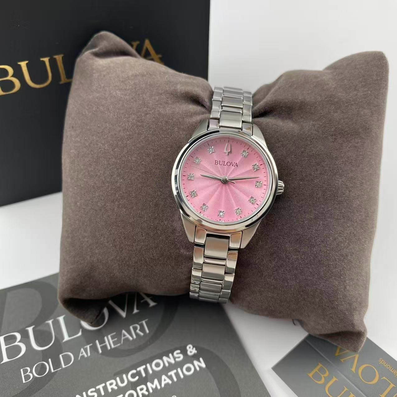 Bulova Sutton 96P249 Diamond Pink Dial Stainless Steel Women’s Quartz Watch 28mm