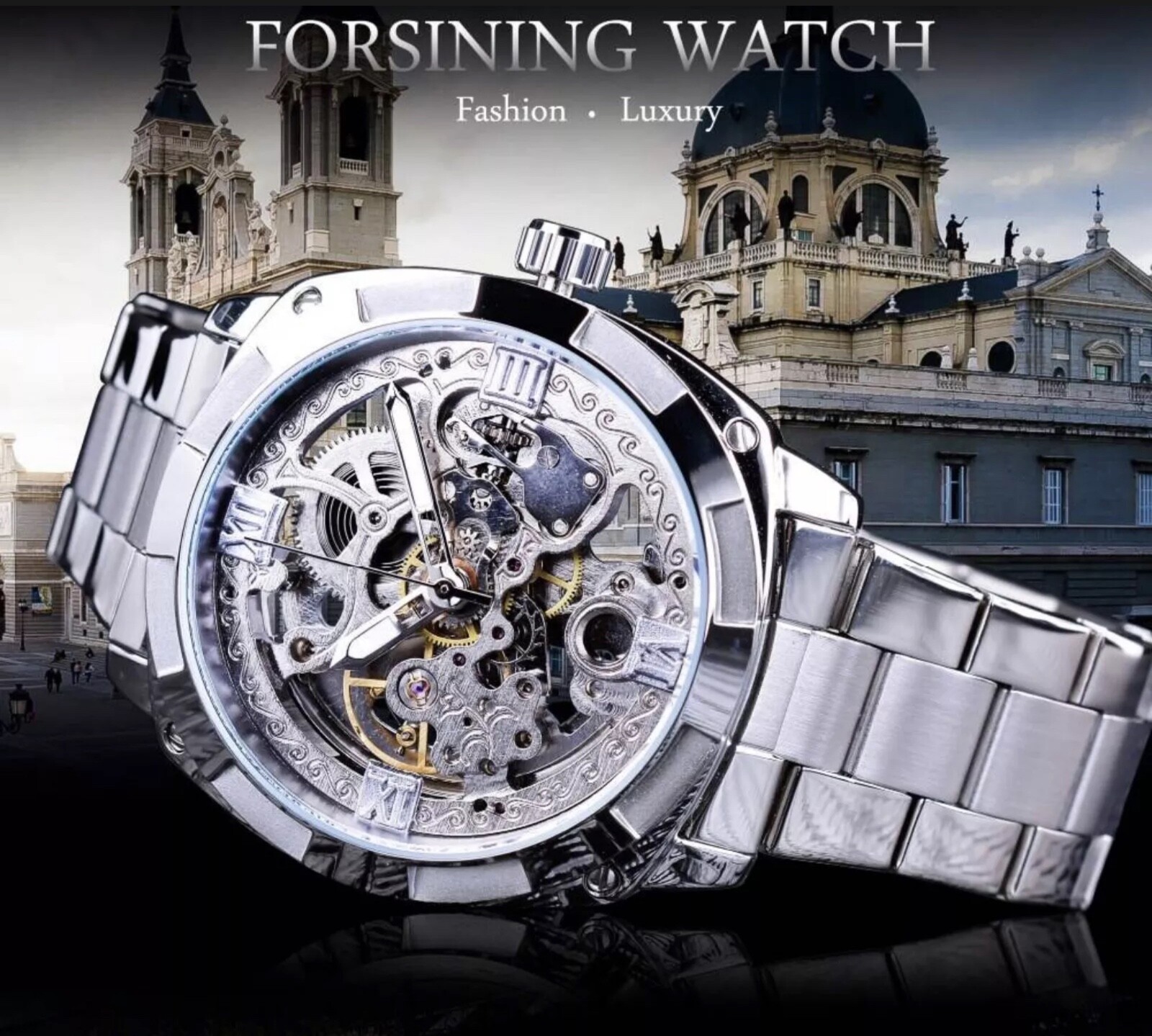 Forsining mens automatic skeleton style watch with band style and color options