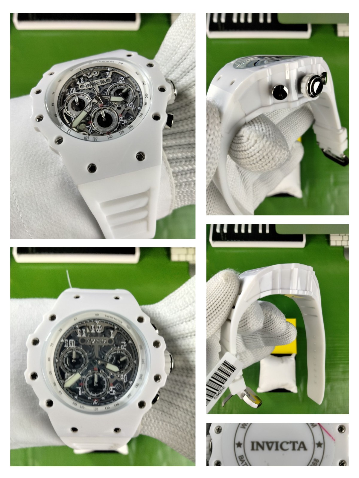 Invicta Racing 69668 Men White Skeleton Silver Dial Silicone Quartz Watch 43.5mm