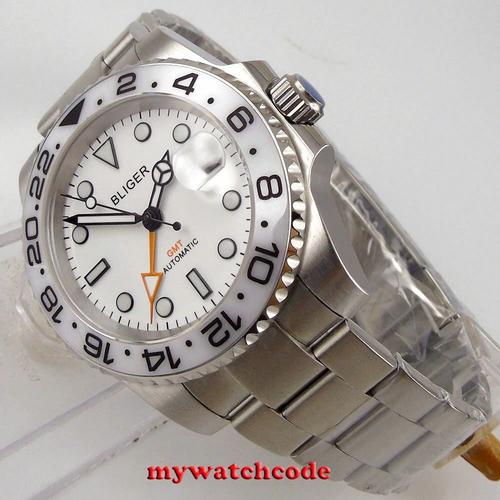 40mm BLIGER White Dial Ceramic Bezel NH34A GMT Automatic Mens Watch Sapphire