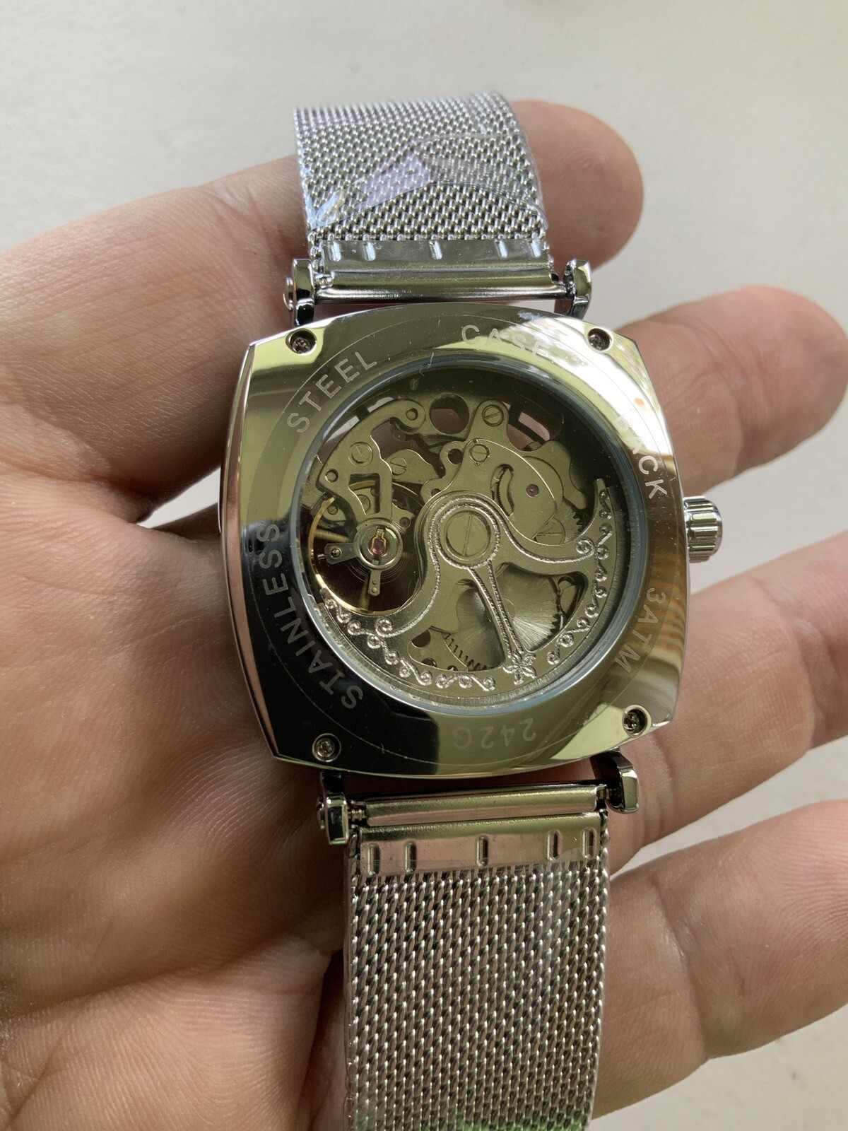 FORSINING Skeleton Transparent Self Winding Watch Stainless Mesh Band. Gift Idea