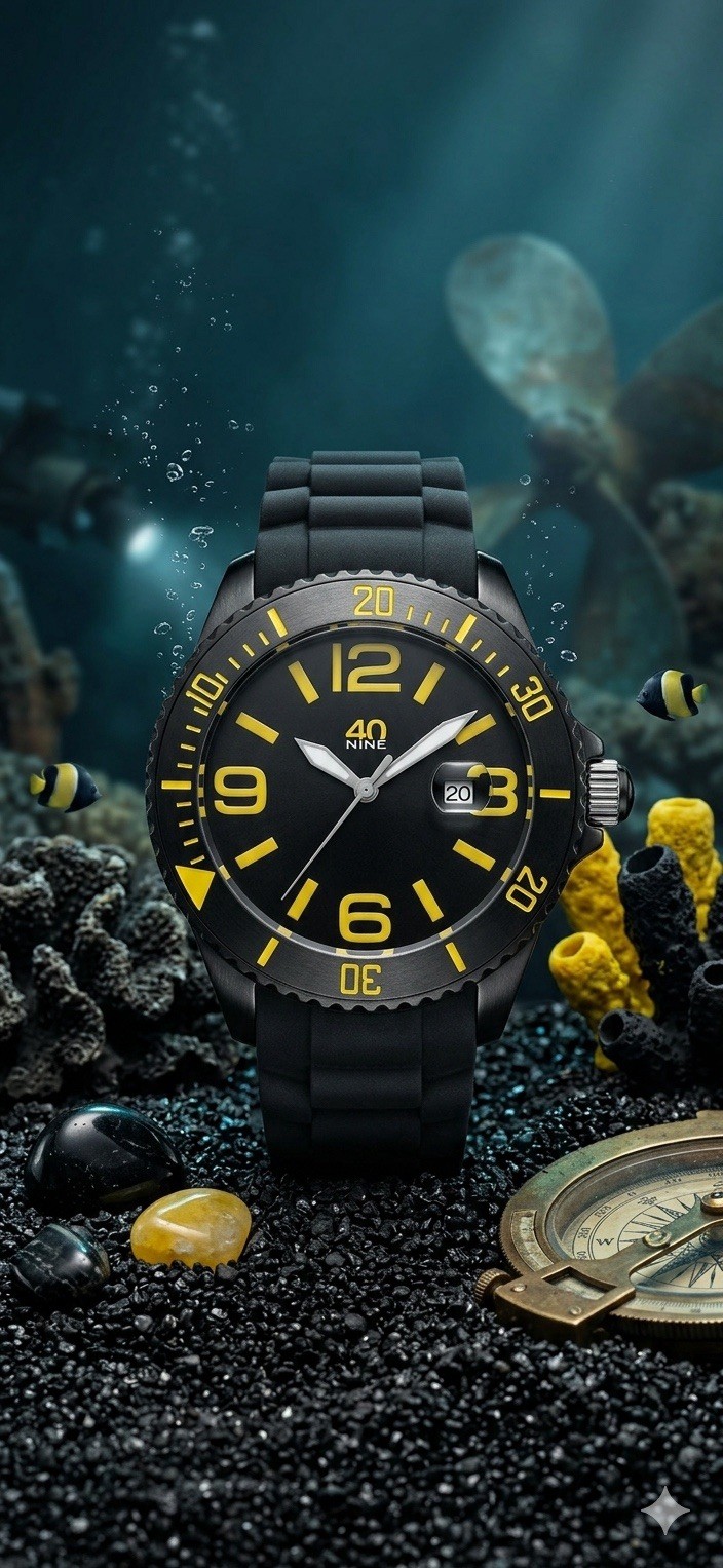 40NINE 46mm Quartz Watch with Black/Yellow Dial and Black Silicone Rubber Strap