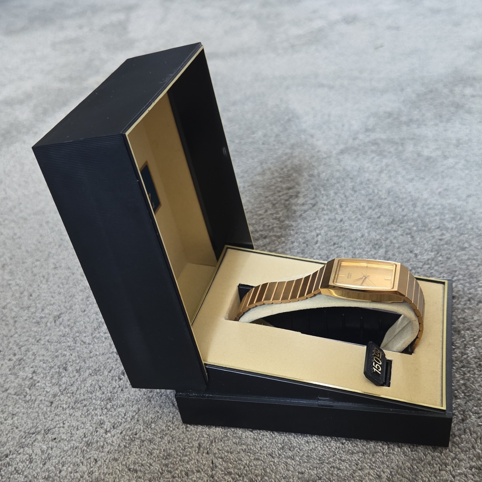 Seiko Quartz Men’s Rectangular Gold Tone Analog Watch, SS Bracelet, Box