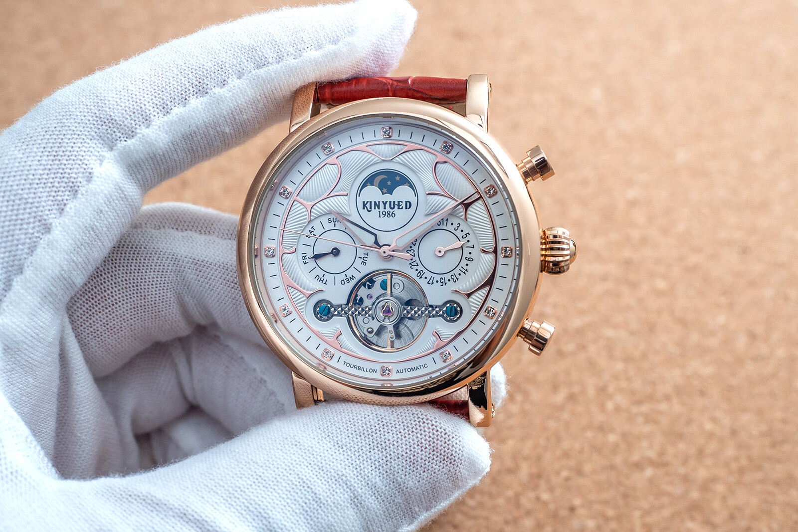 Mens Automatic Mechanical Watch Date Day Rose Gold White Red Leather Strap