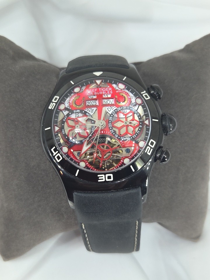 Reef Tiger Mens RGA703 Watch Automatic Skeleton tourbillon Day Date Year Month