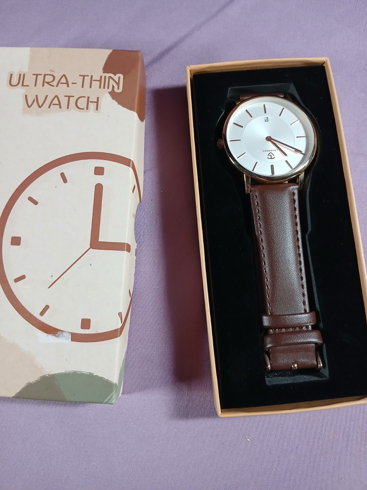 NEW Lavaredo Mens L6628 Brown Leather Quartz Analog White Dial Thin Wrist Watch