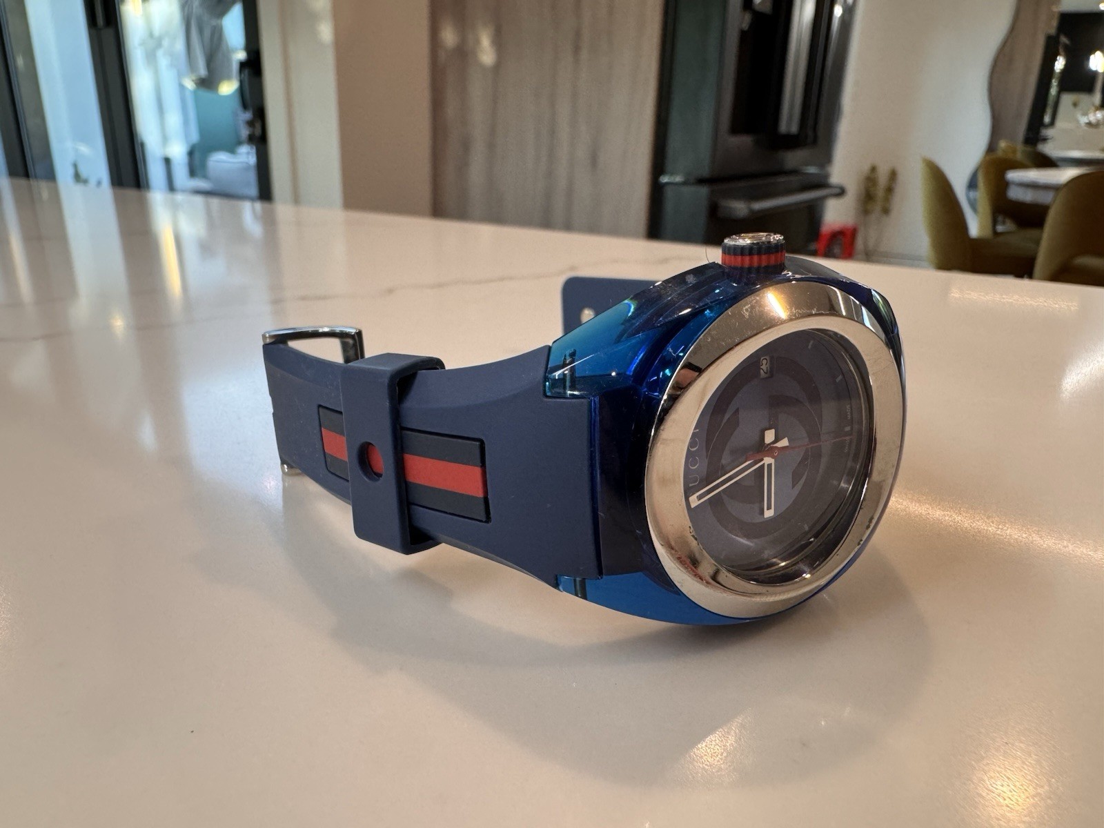 Gucci Sync Blue Dial Blue Rubber Strap Swiss Quartz Date 46mm Wristwatch