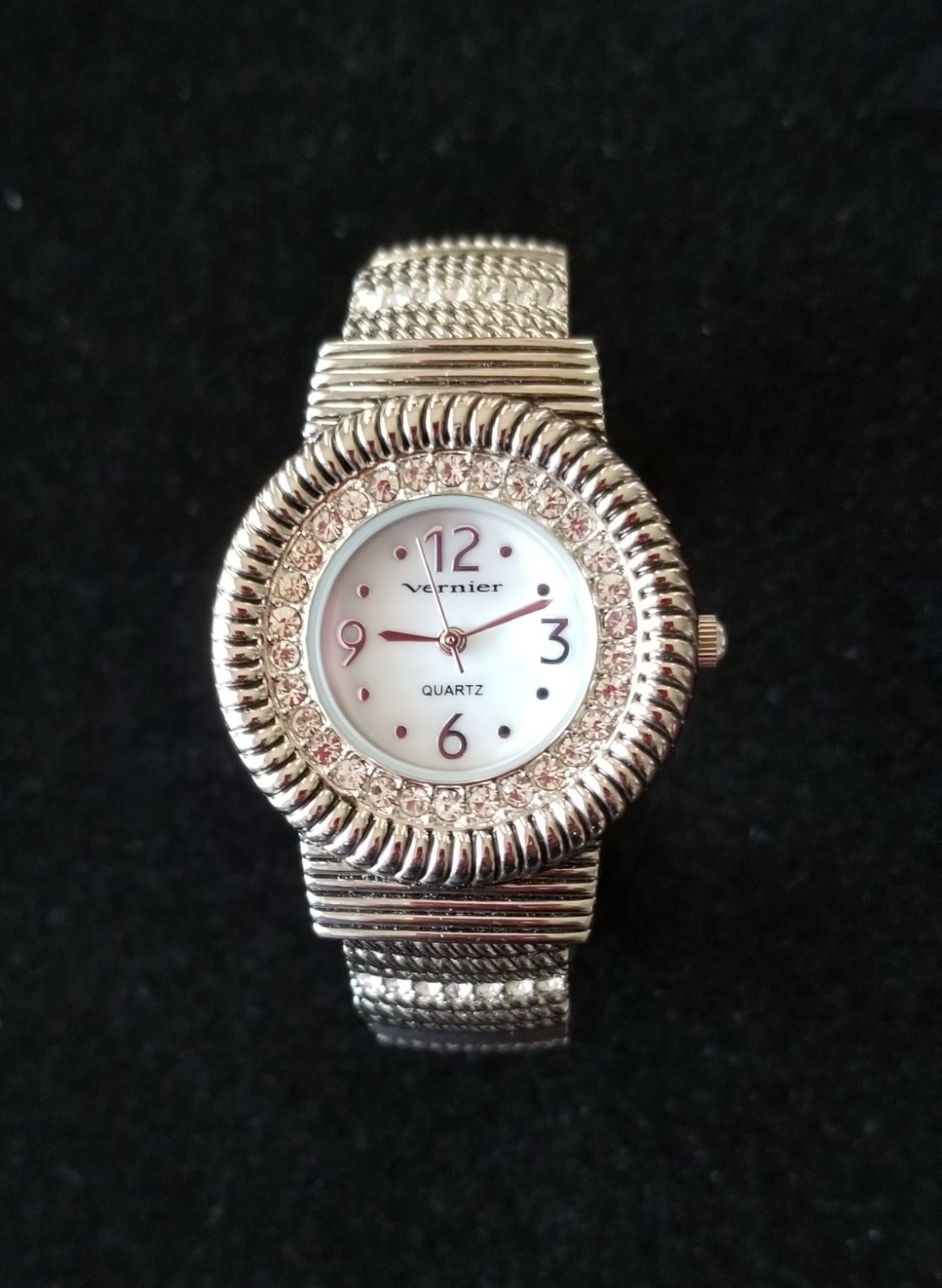 NWOT Vernier Silver Tone Cuff Watch Crystal Bezel Mop Dial 6″-7″ New Battery