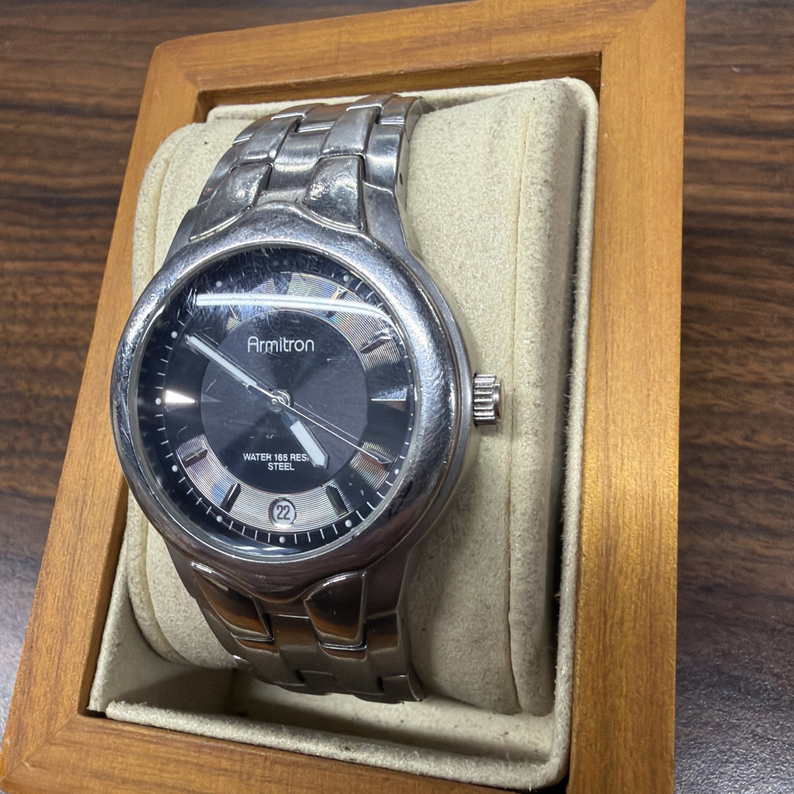Men’s Armitron Date Display Watch Silver Tone Needs Battery Black Dial Excellent