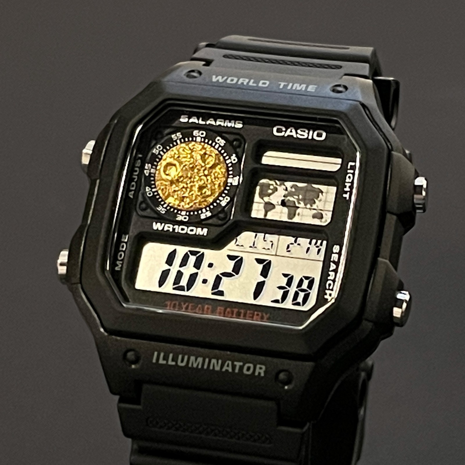 Casio AE1200 Royale 24K Gold Leaf Moon Sculpture Handmade Mod Watch (Black Case)