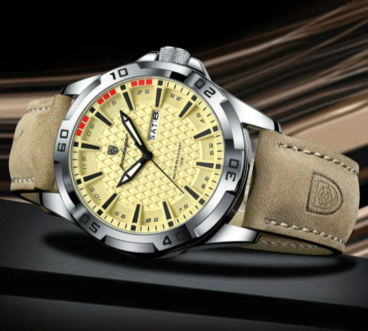 POEDAGAR Men’S Designer Timepiece, Elegant And Opulent Faux Leather Sports Calen