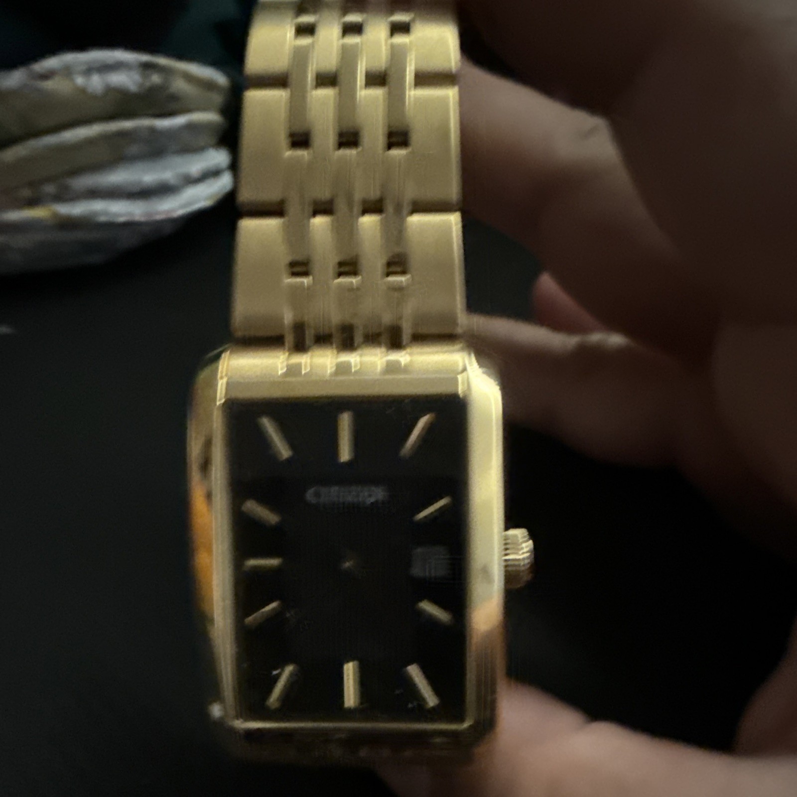 Citizen Rectangle Gold Tone Black Dial Quartz Date Watch Gold Bracelet 24mm