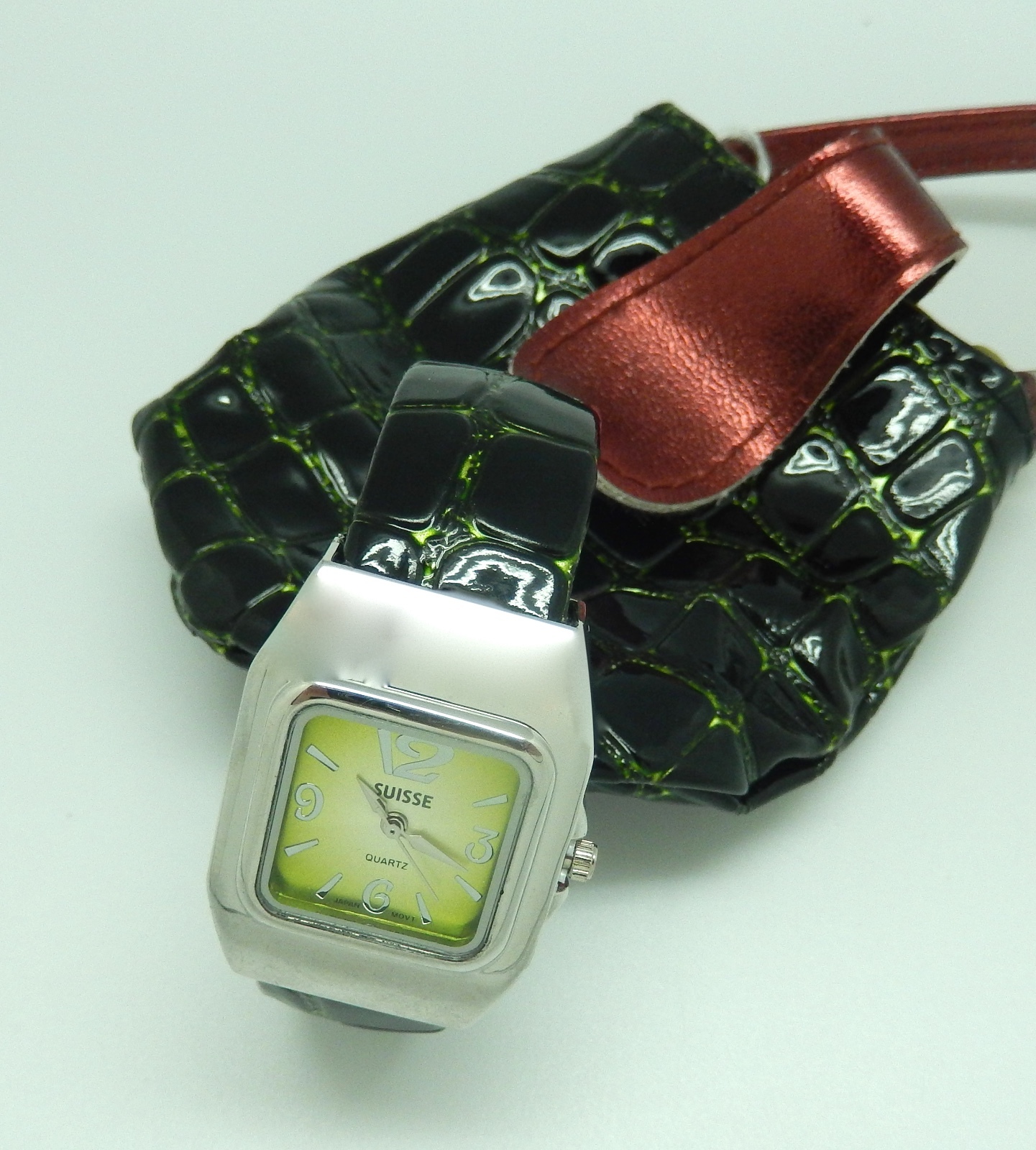 Watch Womans Cuff- green square face–dark green faux leather band-matching bag