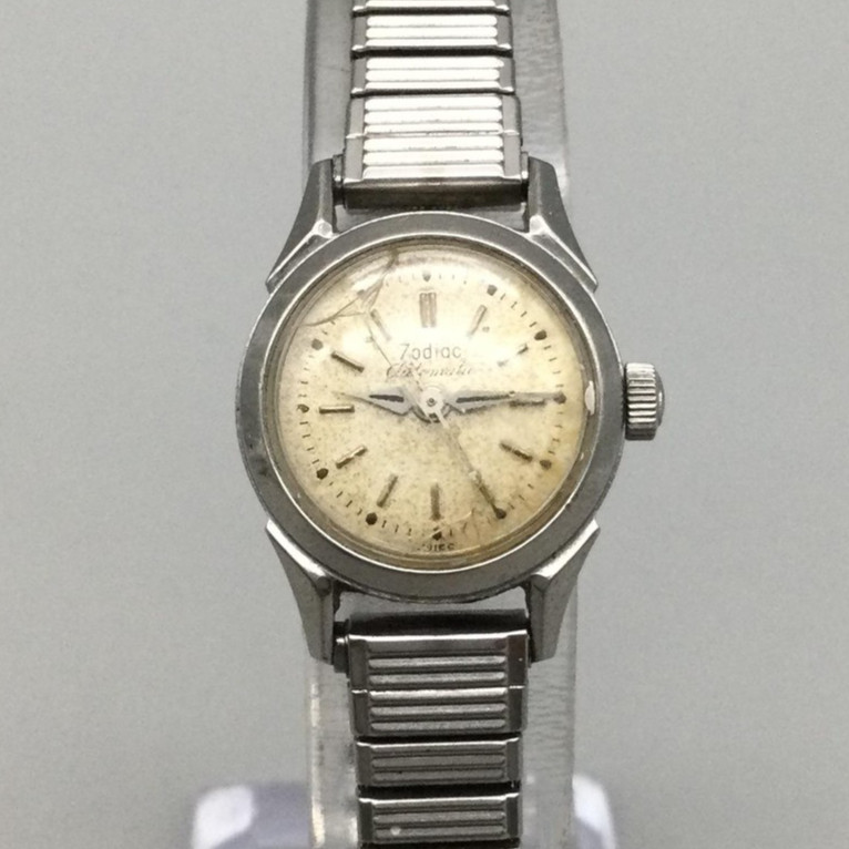 Vintage Zodiac Swiss Automatic Womens Watch 20mm Stainless Steel BROKEN CRYSTAL