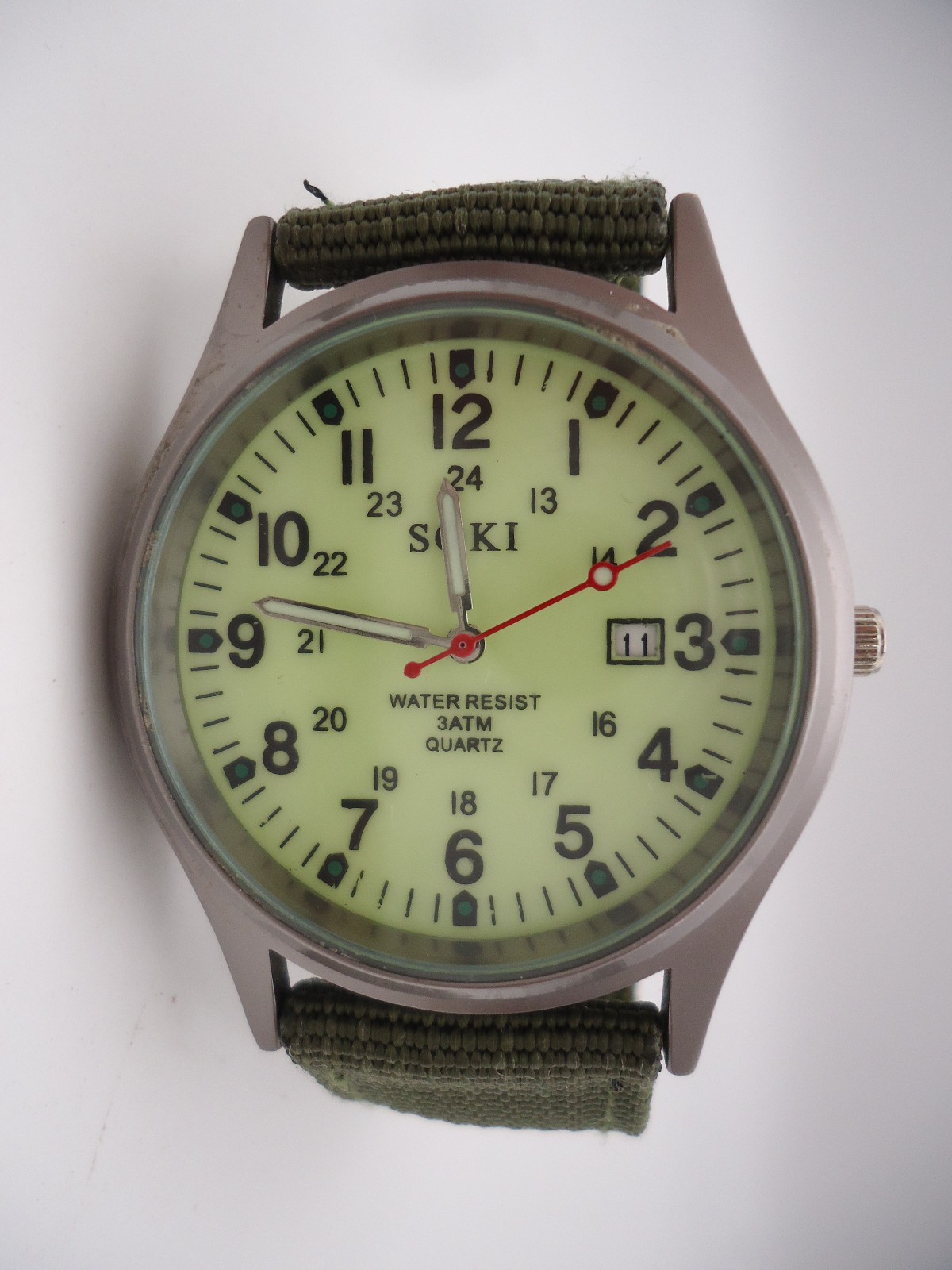 SOKI Field/Military Style Quartz Watch Total Lume Dial Canvas Strap New Battery