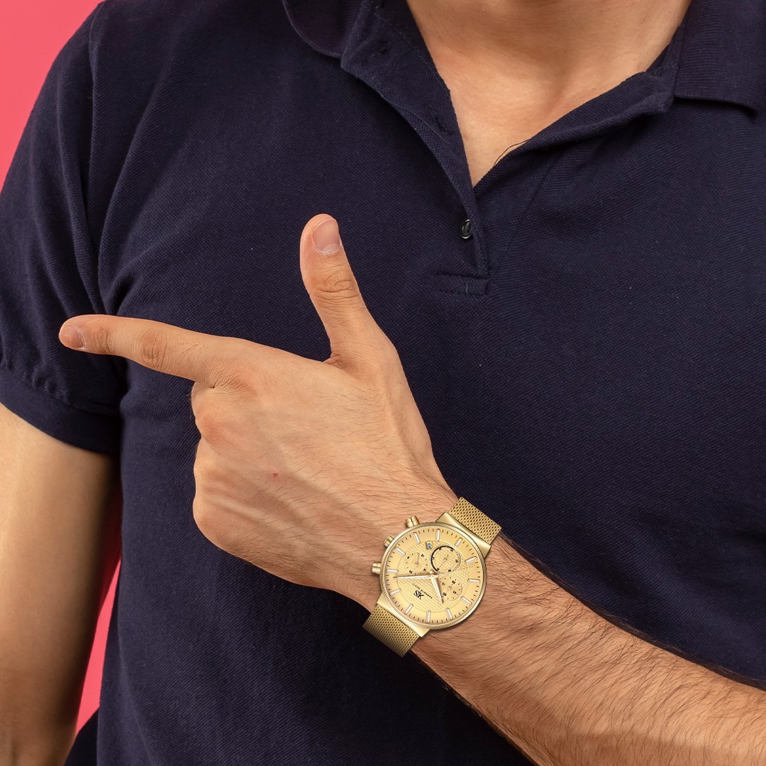 Kenneth Scott Men’s Multi-Function Casual Watch | Beige Dial, Gold Mesh Strap