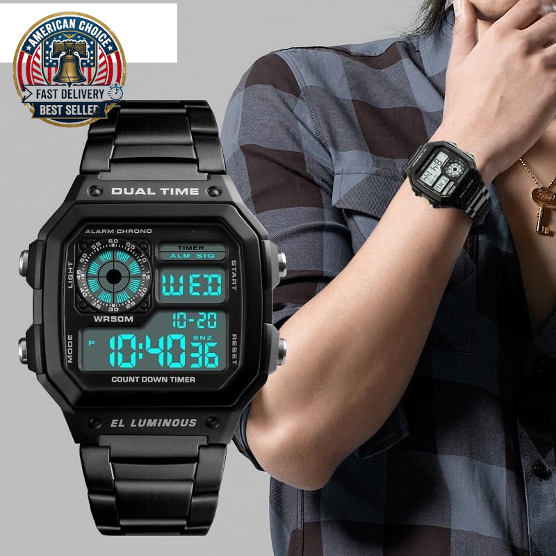 Men’S Digital Multi-Function Watches Dual Time Alarm Stopwatch Countdown Backlig