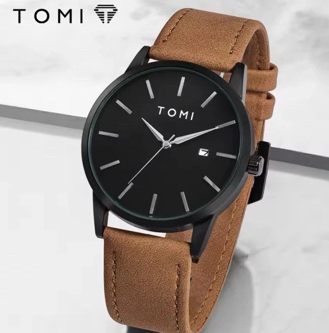 TOMI Men’s Quartz Analog Watch Date Stick Indexes Stainless Steel Leather Strap
