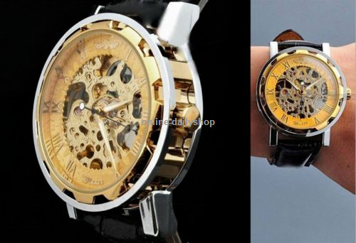 Men Classic Transparent Steampunk Skeleton Mechanical Stainless Steel Watch NEW