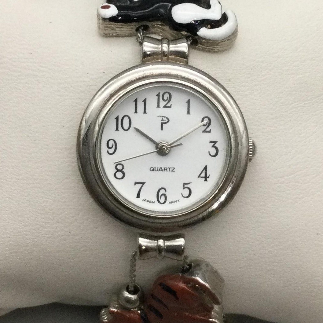 Womens Watch 24mm Silver Tone Cat Charms Bracelet Multicolor New Battery 7.5″
