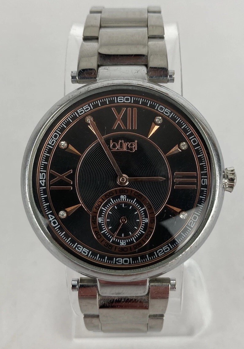 Burgi BUR175SSB 40mm Silver Tone Quartz Watch w/Bracelet & New Battery