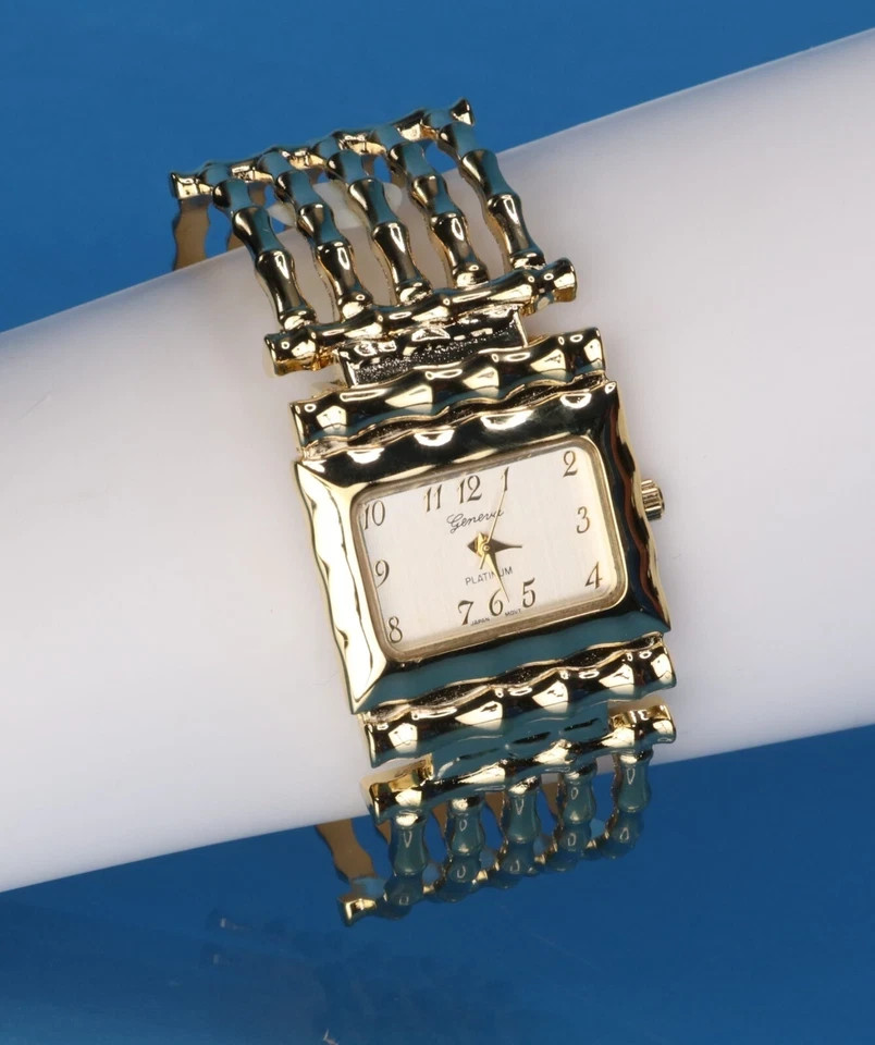 Women Designer Style Gold Finish Fashion Wide Bangle Cuff Fashion Watch