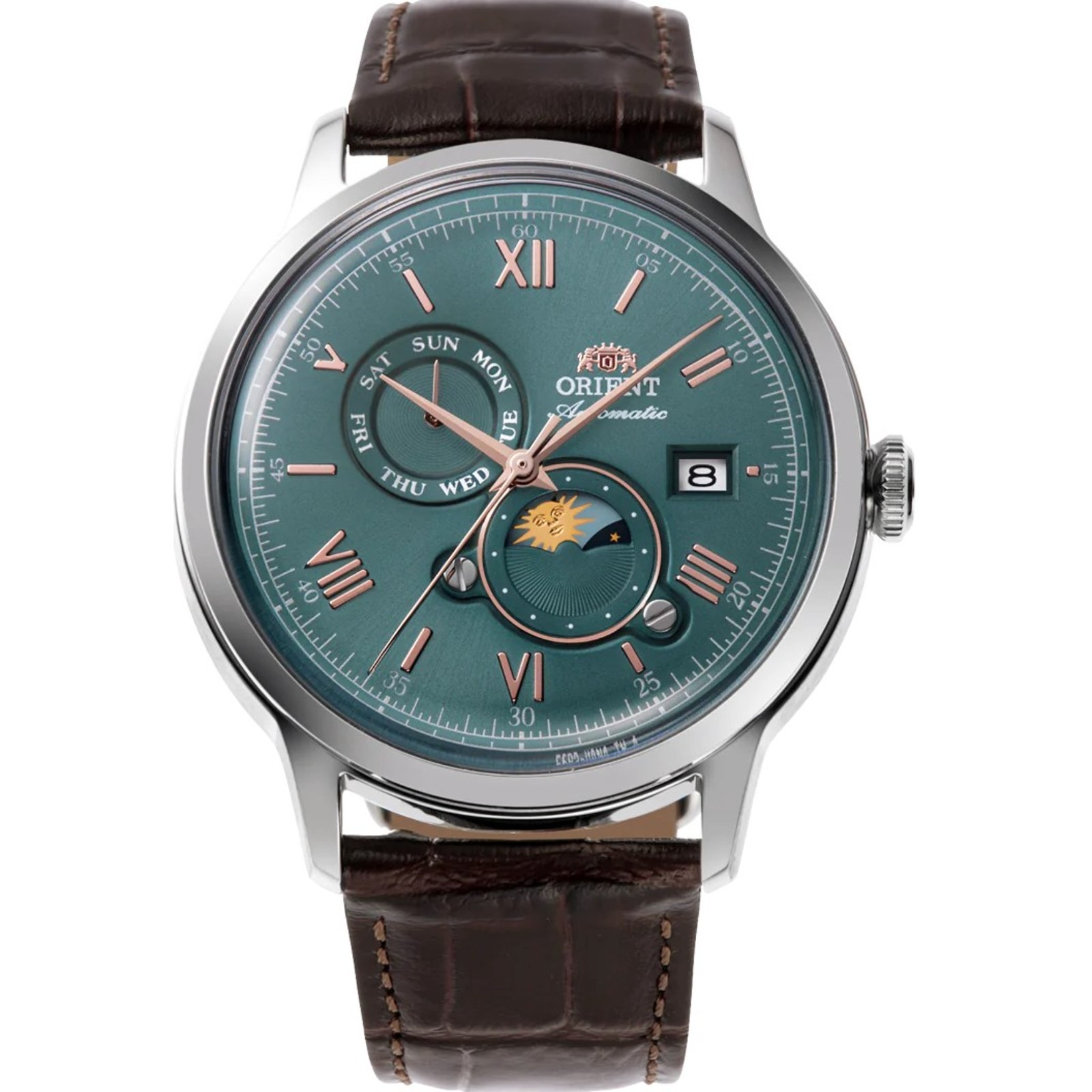 Orient Bambino Sun & Moon Green Dial Leather Strap Men’s Watch RA-AK0805E30B