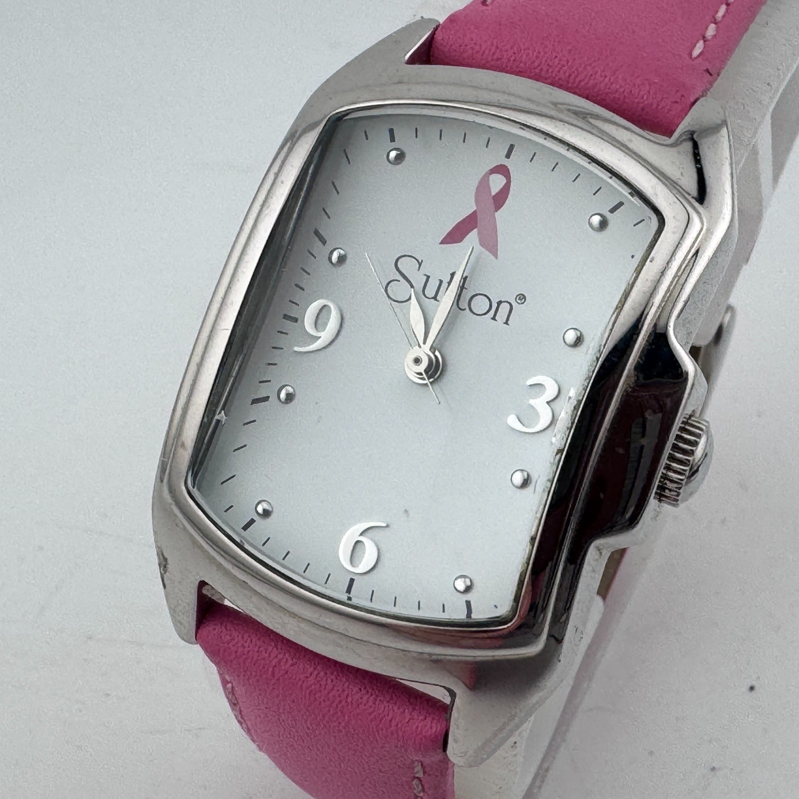 Sutton Quartz Watch Women Beefy Silver Barrel Leather Pink Ribbon New Battery
