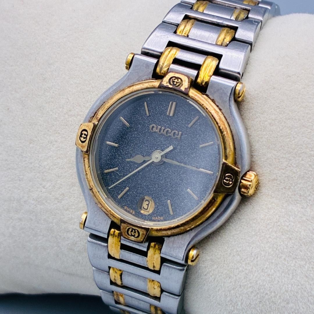 GUCCI 9000L Vintage Two Tone Date Black Dial Women’s Quartz Watch Swiss used