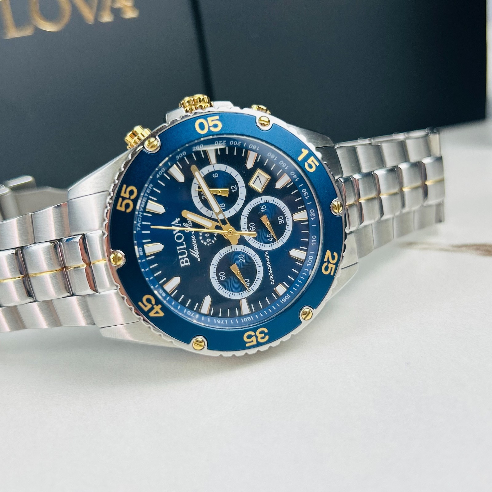 Bulova Marine Star 98B400 Men’s Blue Dial Stainless Chronograph Quartz Watch New
