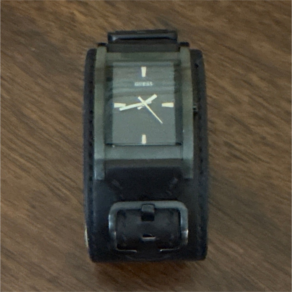 GUESS Black Analog Rectangular Watch Black Dial Stick Index Black Leather Strap