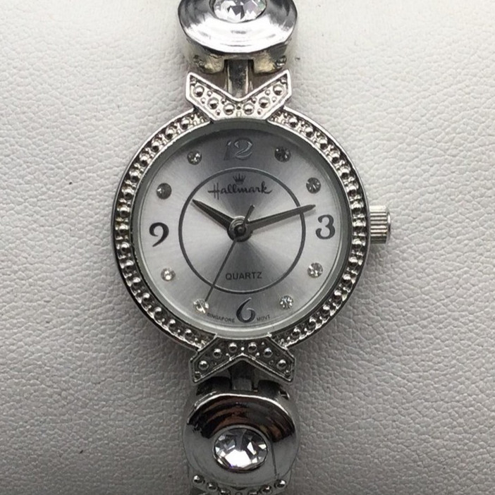 Hallmark Watch Womens 23mm Silver Tone Crystal Accent Bracelet New Battery 7.75″