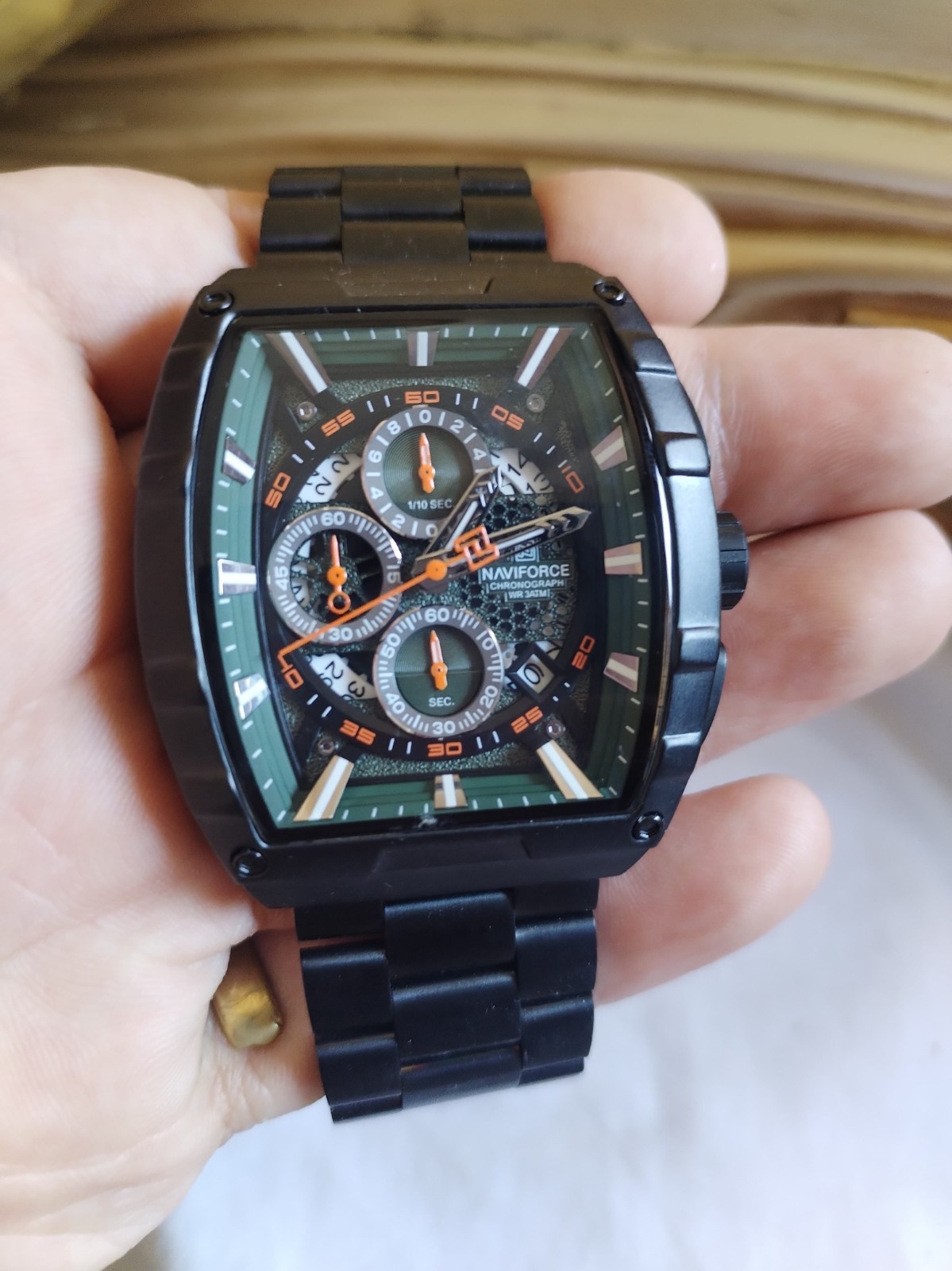 New NAVIFORCE NF8066 Men’s Chronograph Watch Black Green Tonneau Waterproof 3ATM