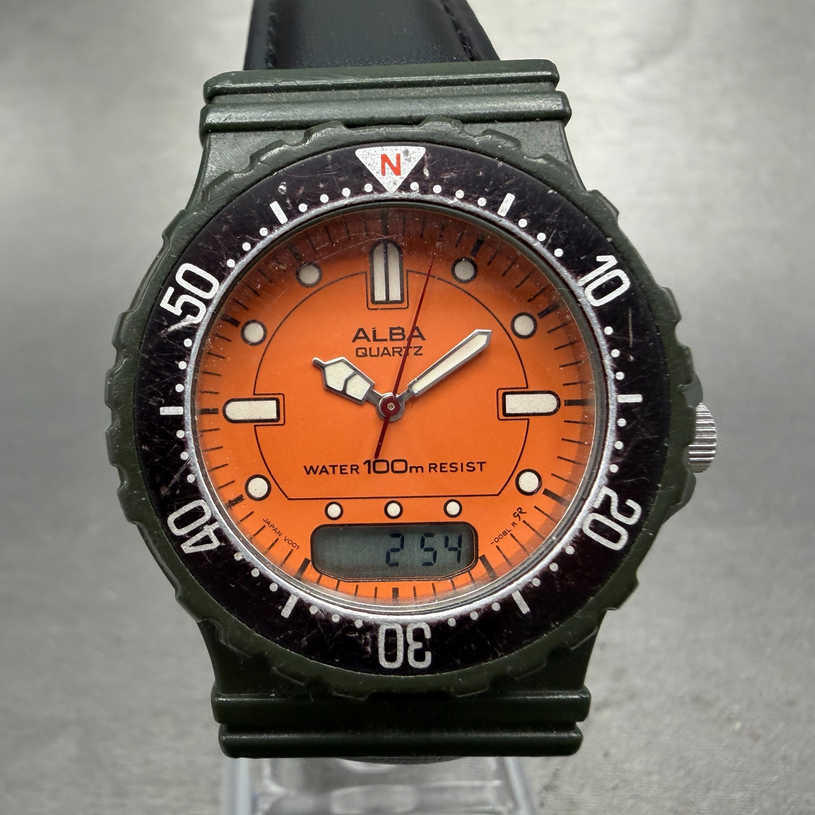 Seiko Alba Dive Analog Digital Watch Women 34mm Orange Dial Green Tone New Batt