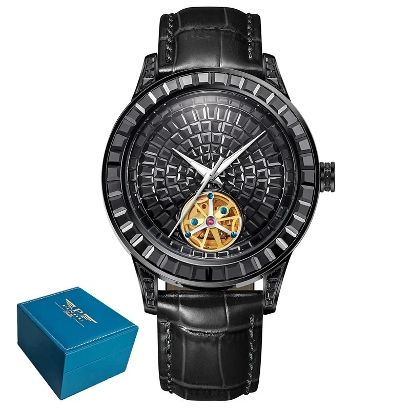 🔥USA🔥PINDU Men’s Automatic Watch Mineral Glass Luminous Black Leather P5037
