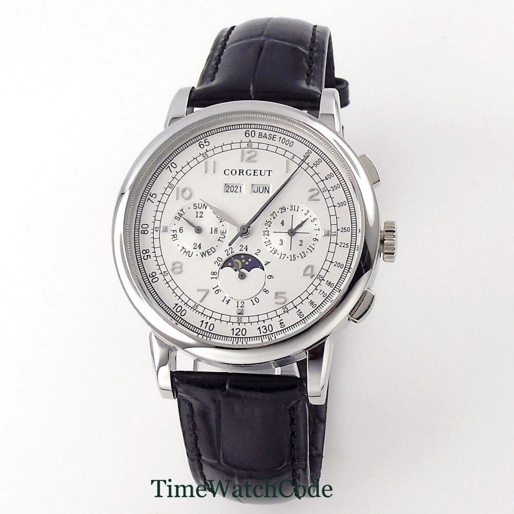 Corgeut 42mm Silver/Rose Gold Automatic Mens Watch Day Date Month Year Day/Night