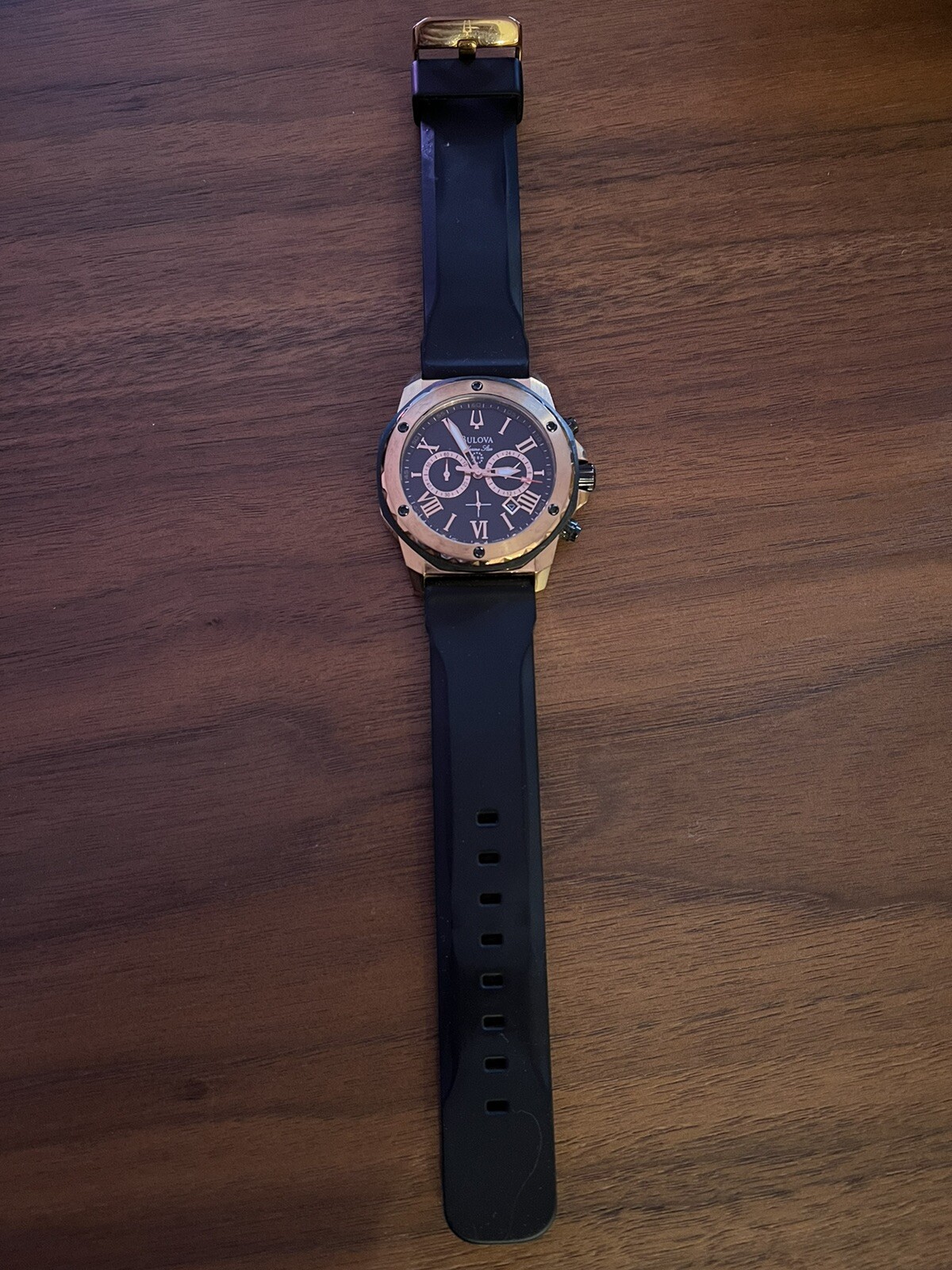 Bulova Marine Star 98B104 44mm Rose Gold Stainless Steel Case with Black Rubber