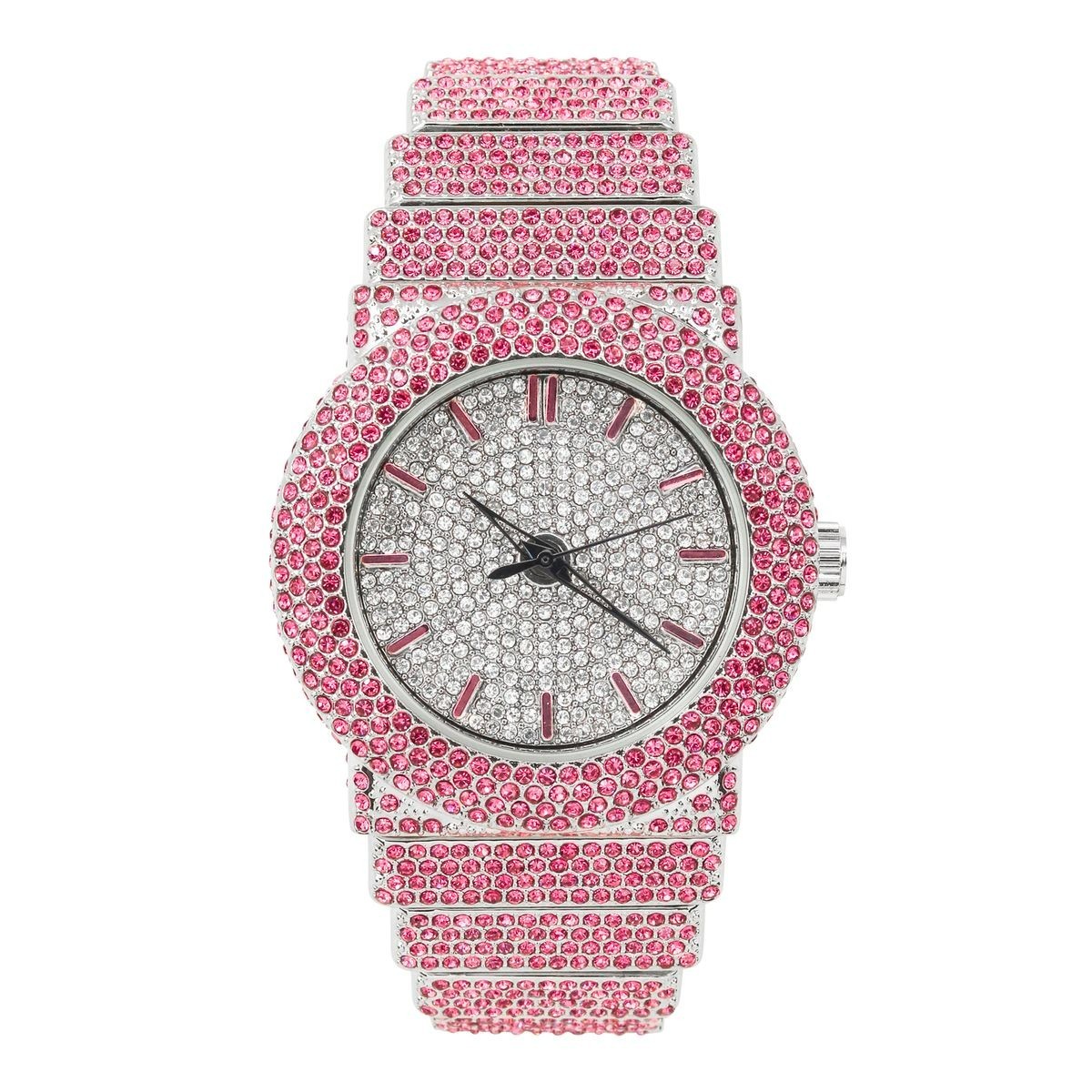 Unisex Pink / Blue Watch Round Luxury Chandelier Hip Hop Lab Diamond Full Iced