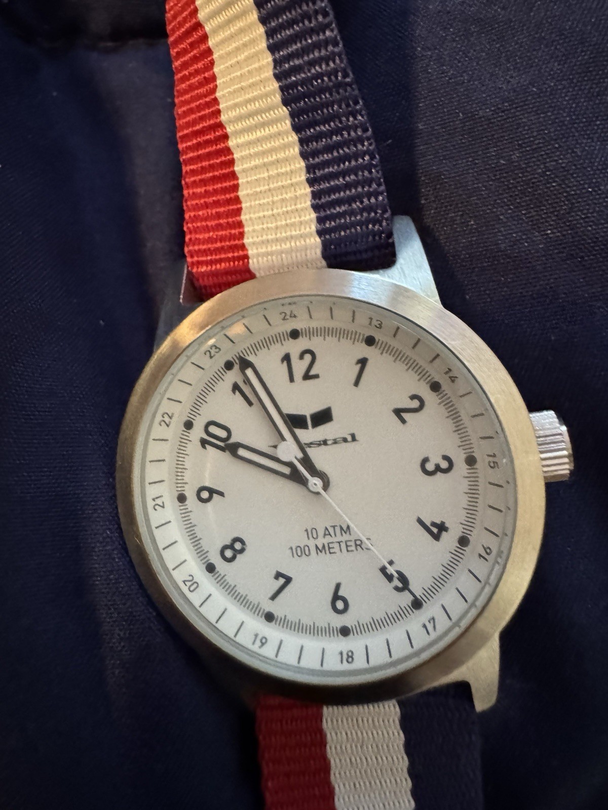 Vestal Analog Quartz Wristwatch White Dial 100m 10 ATM Red/White/Blue Strap