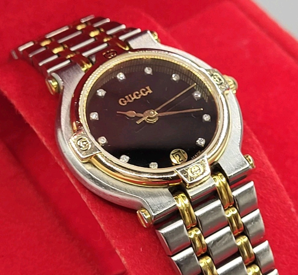 SWISS [N. MINT] Gucci 9000L 11P Diamond Black Dial Woman’s Quartz Watch Vintage