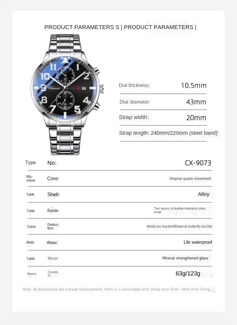 CHENXI Men’s Leather Calendar Multifunction Chronograph Luminous Quartz Watch