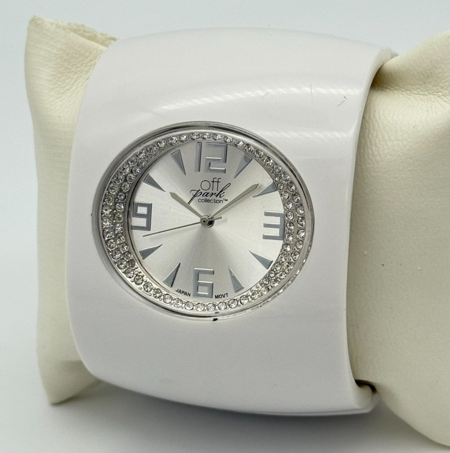Women’s OFF PARK Collection Wide White Resin Bangle Cuff Watch, 50mm, Crystals