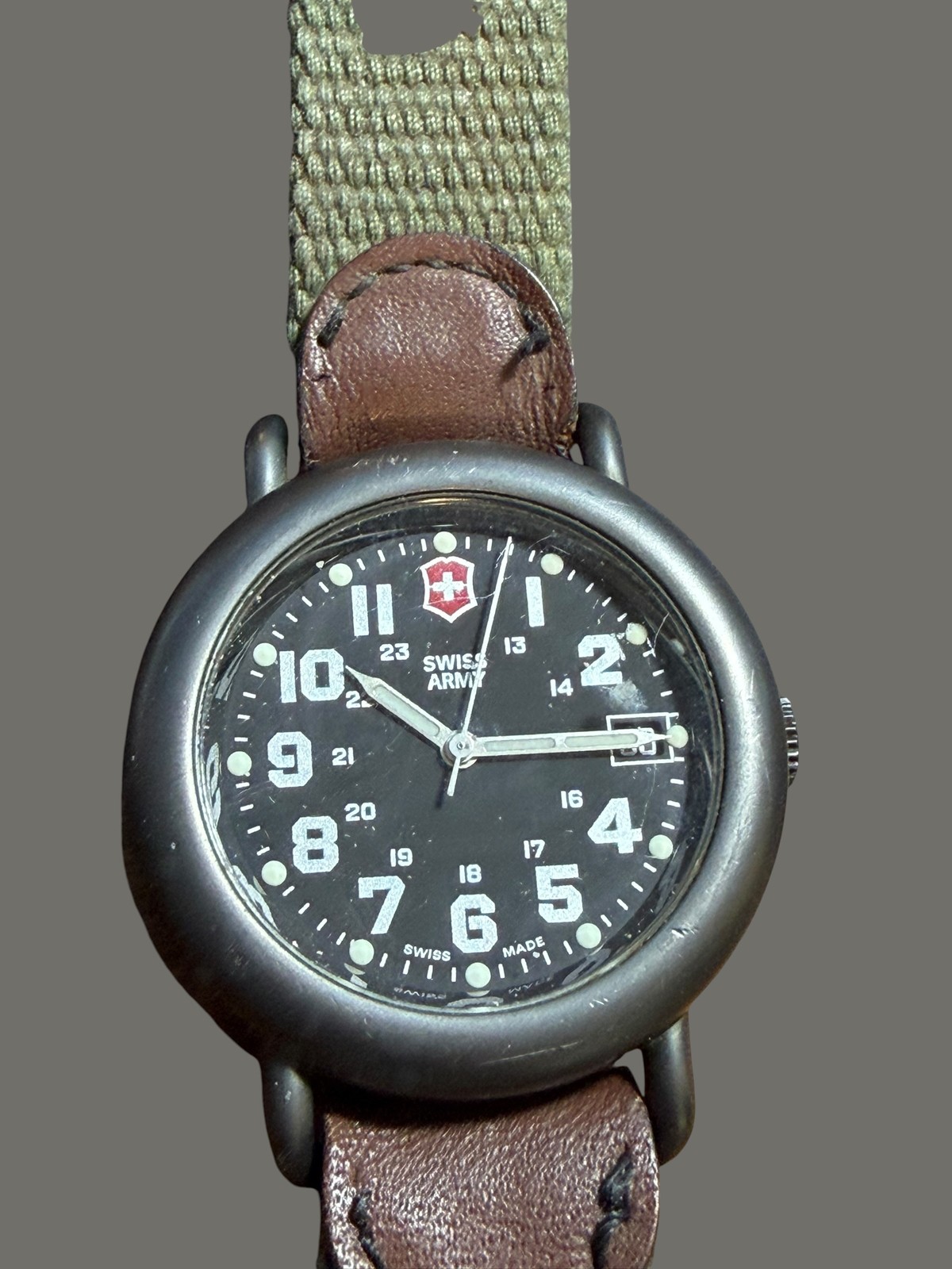 Swiss Army Field Watch Green Canvas Brown Leather Strap Black Dial Day Date