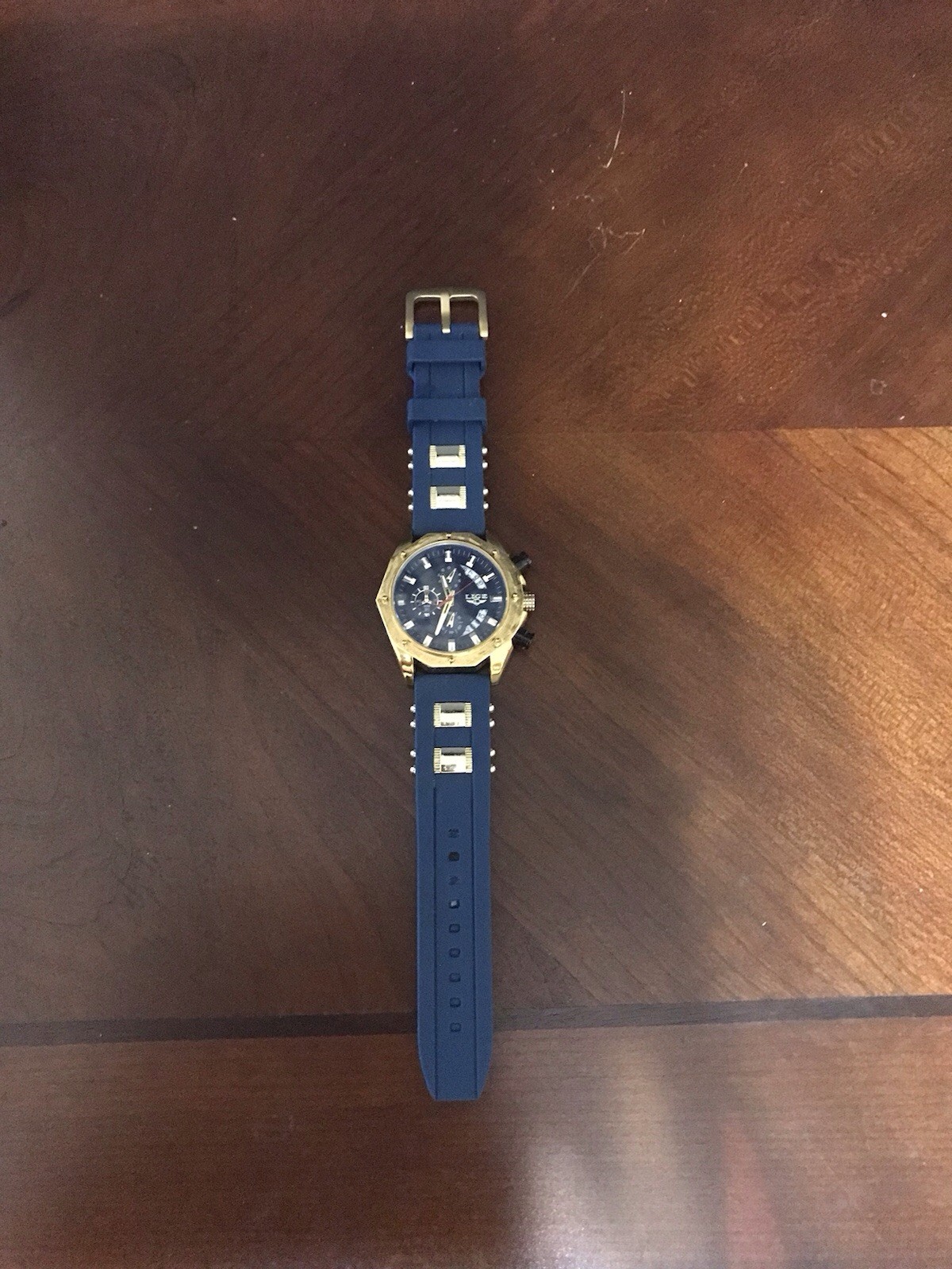 LIGE Chronograph Date Quartz Watch Blue Silicone Strap Gold Tone Case 47mm