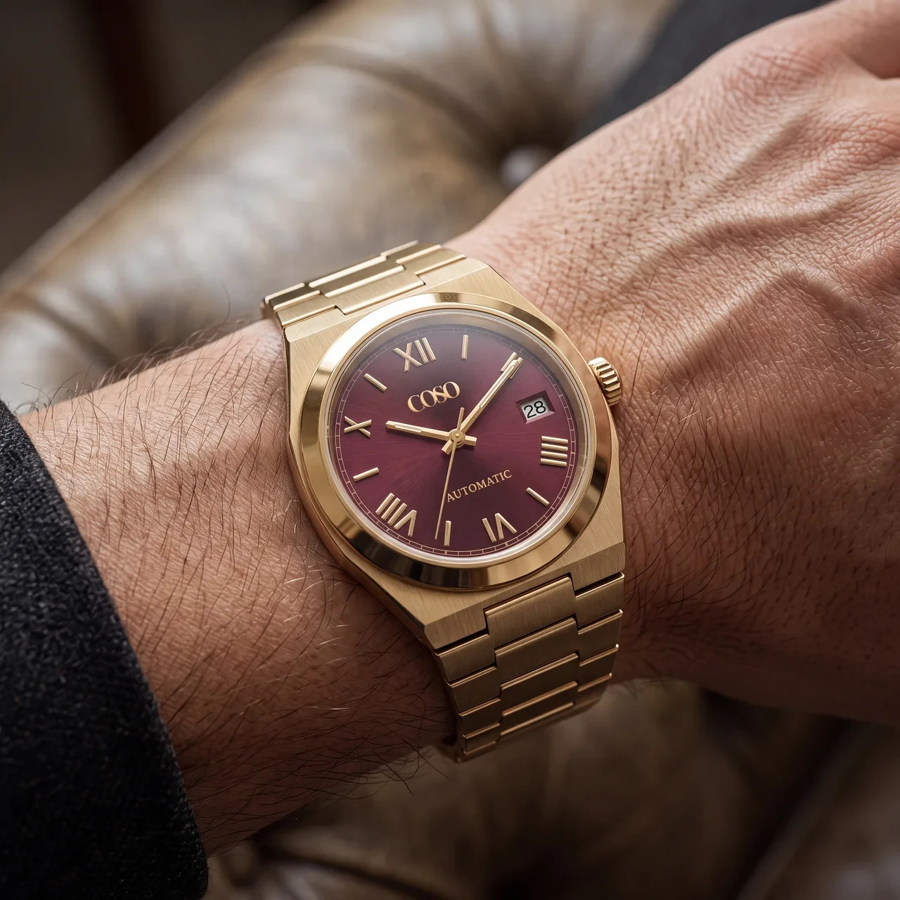 COSO Tolaris Automatic Burgundy Dial Gold Roman Numerals Full Gold Bracelet