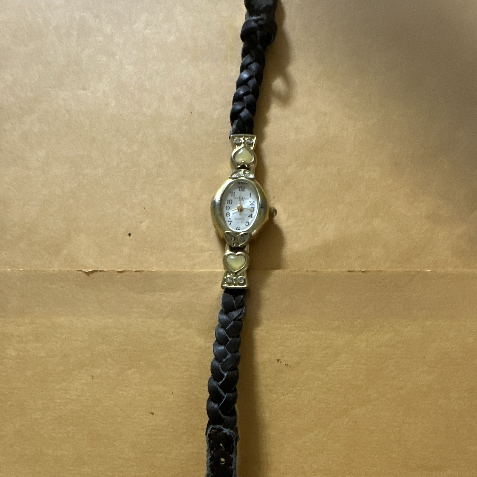 Express Women’s Quartz Analog Gold Tone Oval White Arabic Dial Black Leather