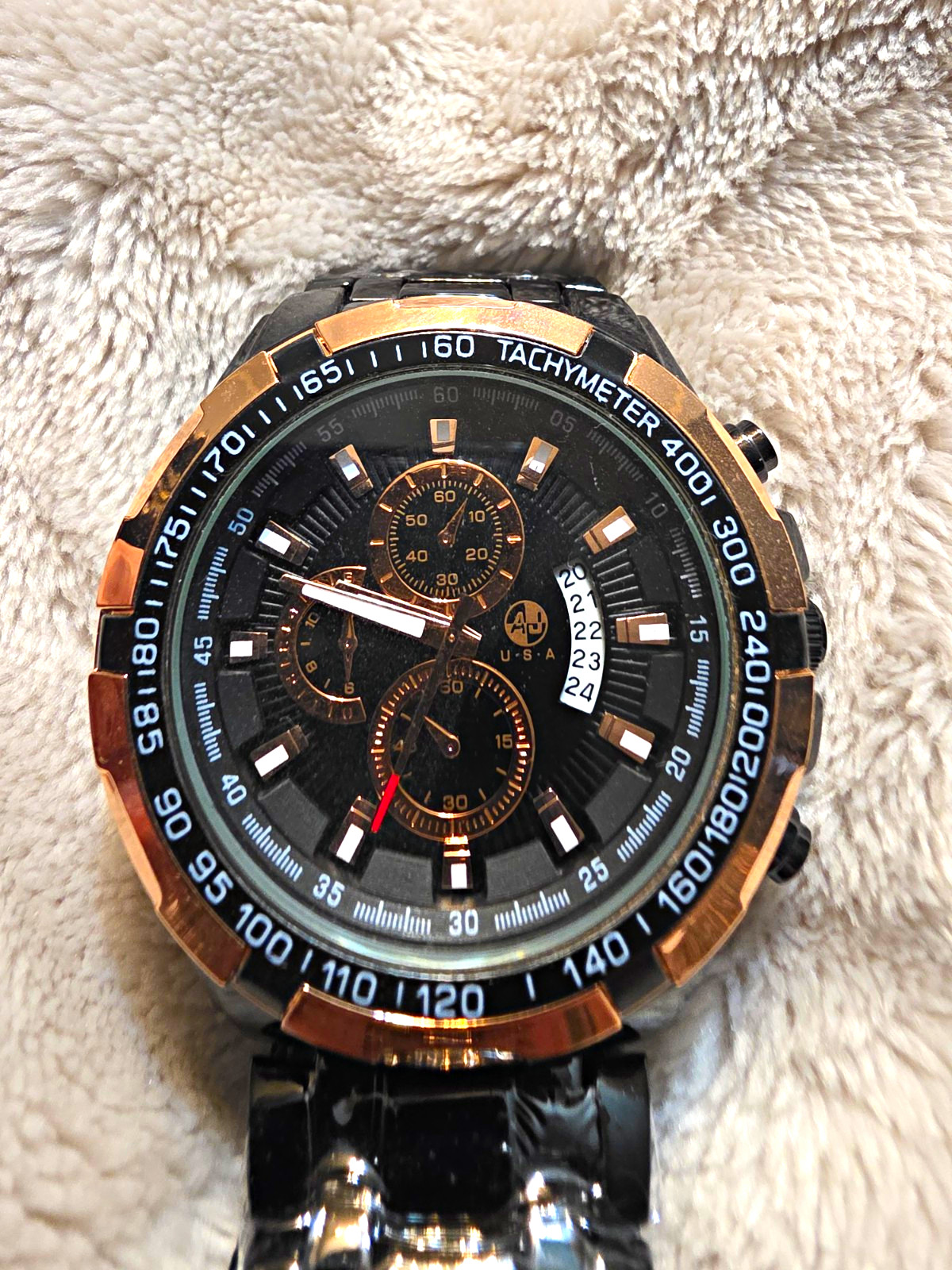 AJ USA Men’s Analog Quartz Chronograph Date Tachymeter Black/Rose Gold Watch