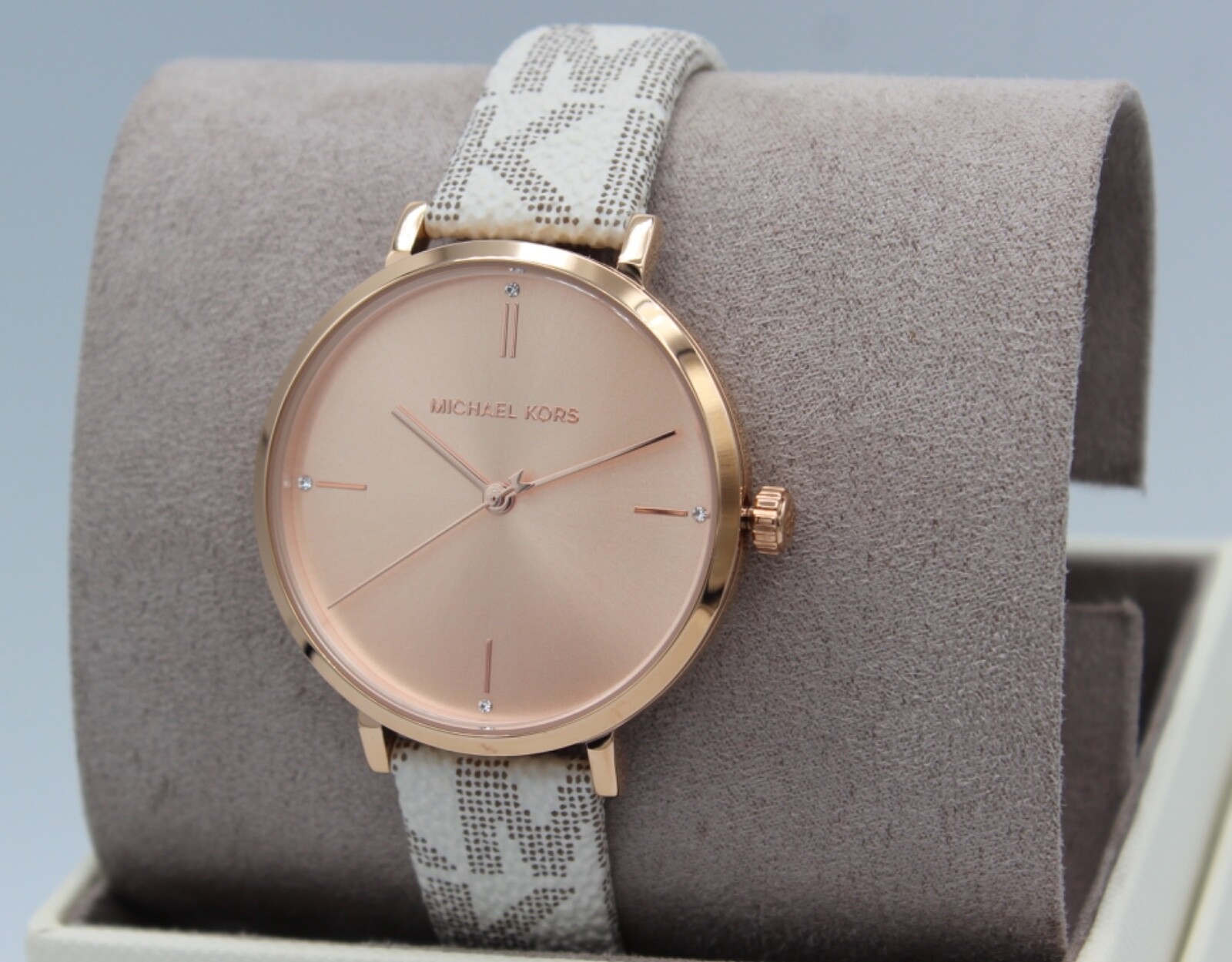 NEW AUTHENTIC MICHAEL KORS JAYNE VANILLA WHITE ROSE GOLD PVC WOMENS MK7128 WATCH