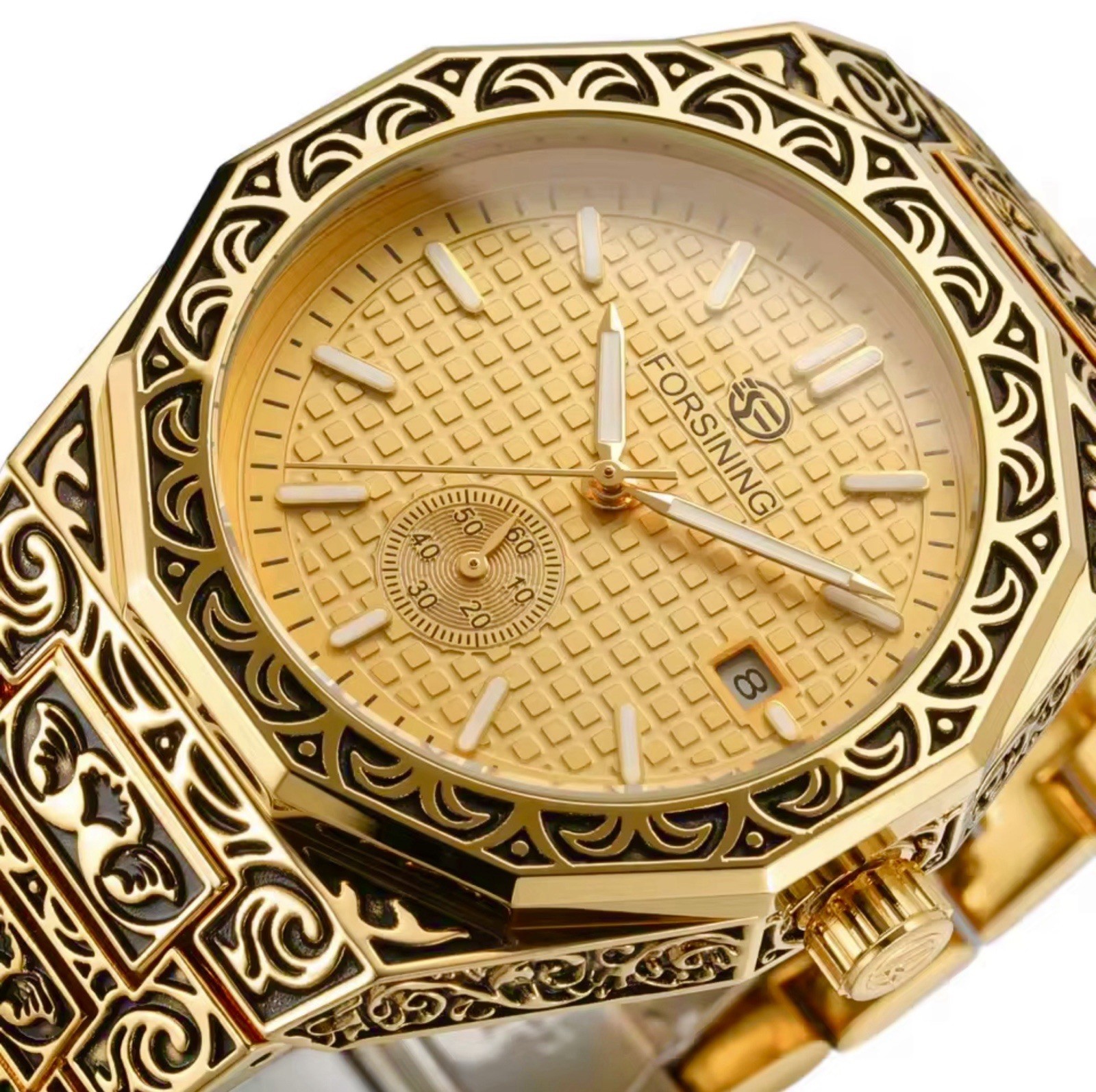 Automatic Luxury Stainless Steel Skeleton Silver Gold Retro Carved Mens Watch