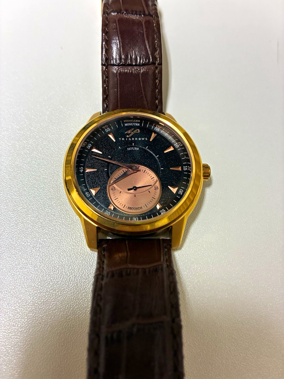 TRIARROWS Gentry Men’s Quartz Analog 50m Gold Tone SS Case Brown Leather